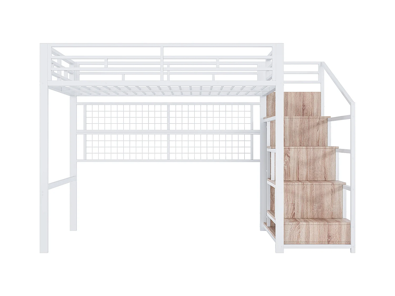 Lit mezzanine 140x200 cm - structure en fer - avec penderie + échelle de rangement - ruban lumineux LED - blanc (matelas non inclus)