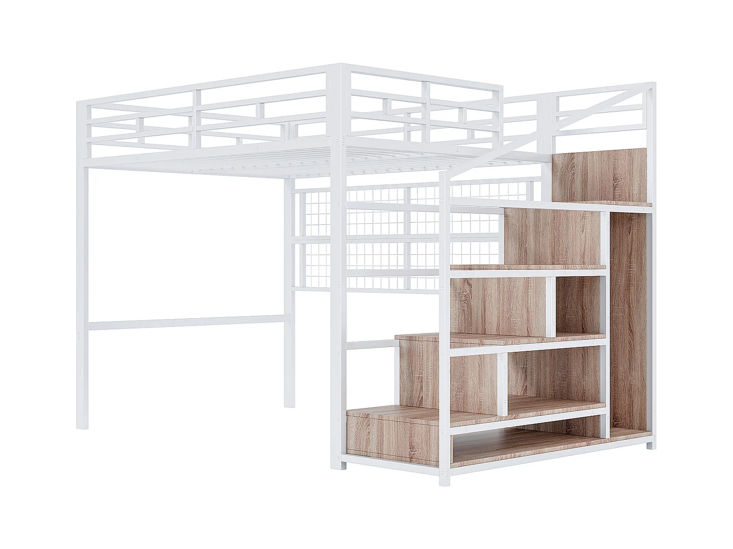 Lit mezzanine 140x200 cm - structure en fer - avec penderie + échelle de rangement - ruban lumineux LED - blanc (matelas non inclus)