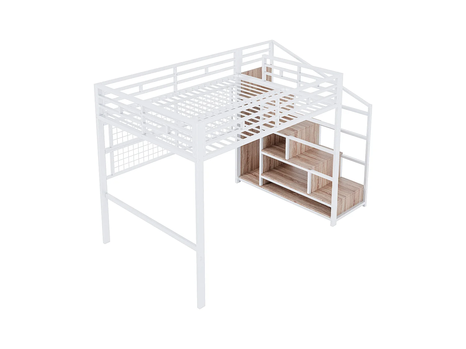 Lit mezzanine 140x200 cm - structure en fer - avec penderie + échelle de rangement - ruban lumineux LED - blanc (matelas non inclus)