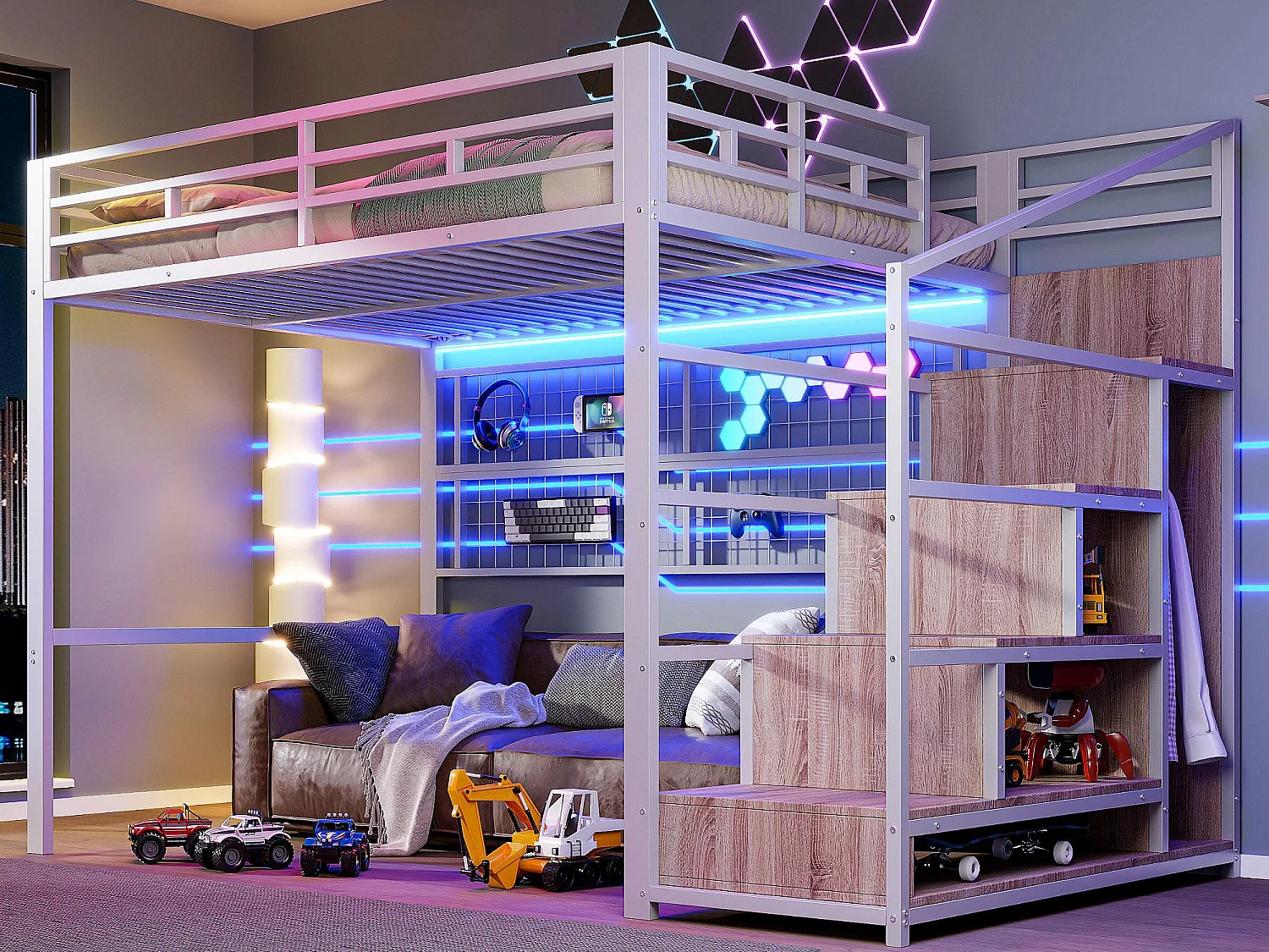 Lit mezzanine 140x200 cm - structure en fer - avec penderie + échelle de rangement - ruban lumineux LED - blanc (matelas non inclus)