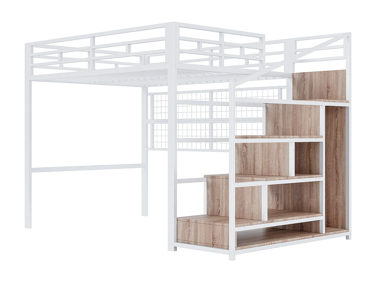 Lit mezzanine 140x200 cm - structure en fer - avec penderie + échelle de rangement - ruban lumineux LED - blanc (matelas non inclus)