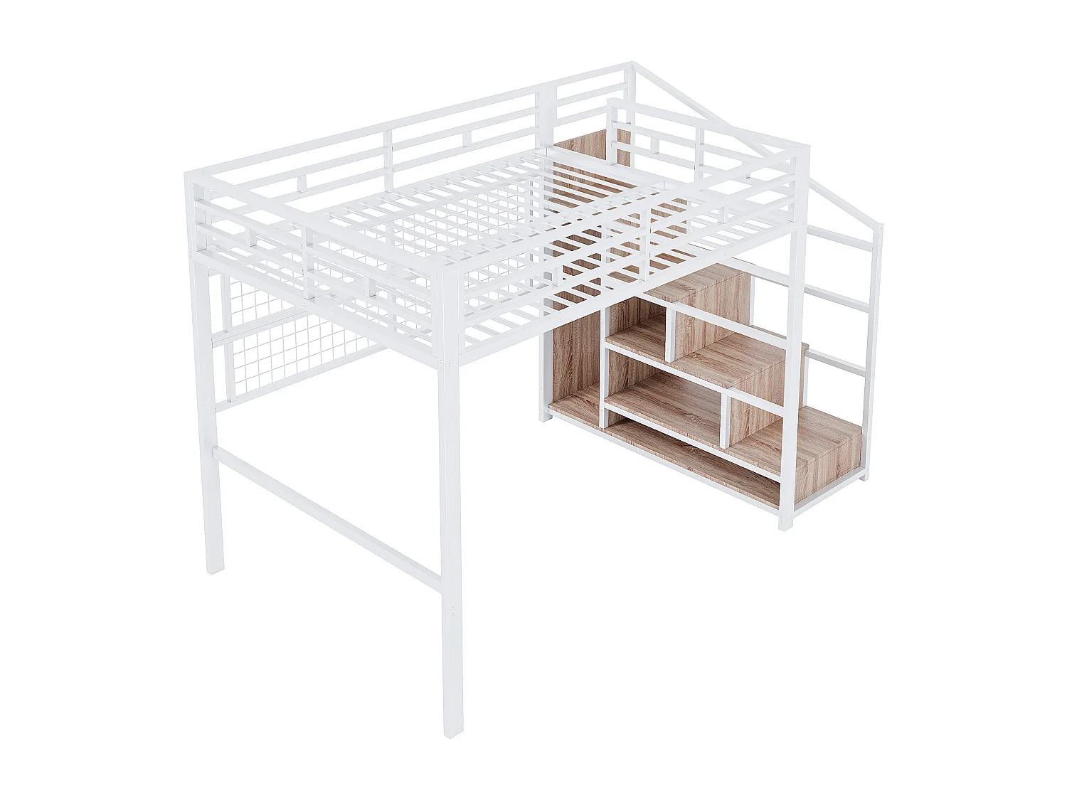 Lit mezzanine 140x200 cm - structure en fer - avec penderie + échelle de rangement - ruban lumineux LED - blanc (matelas non inclus)