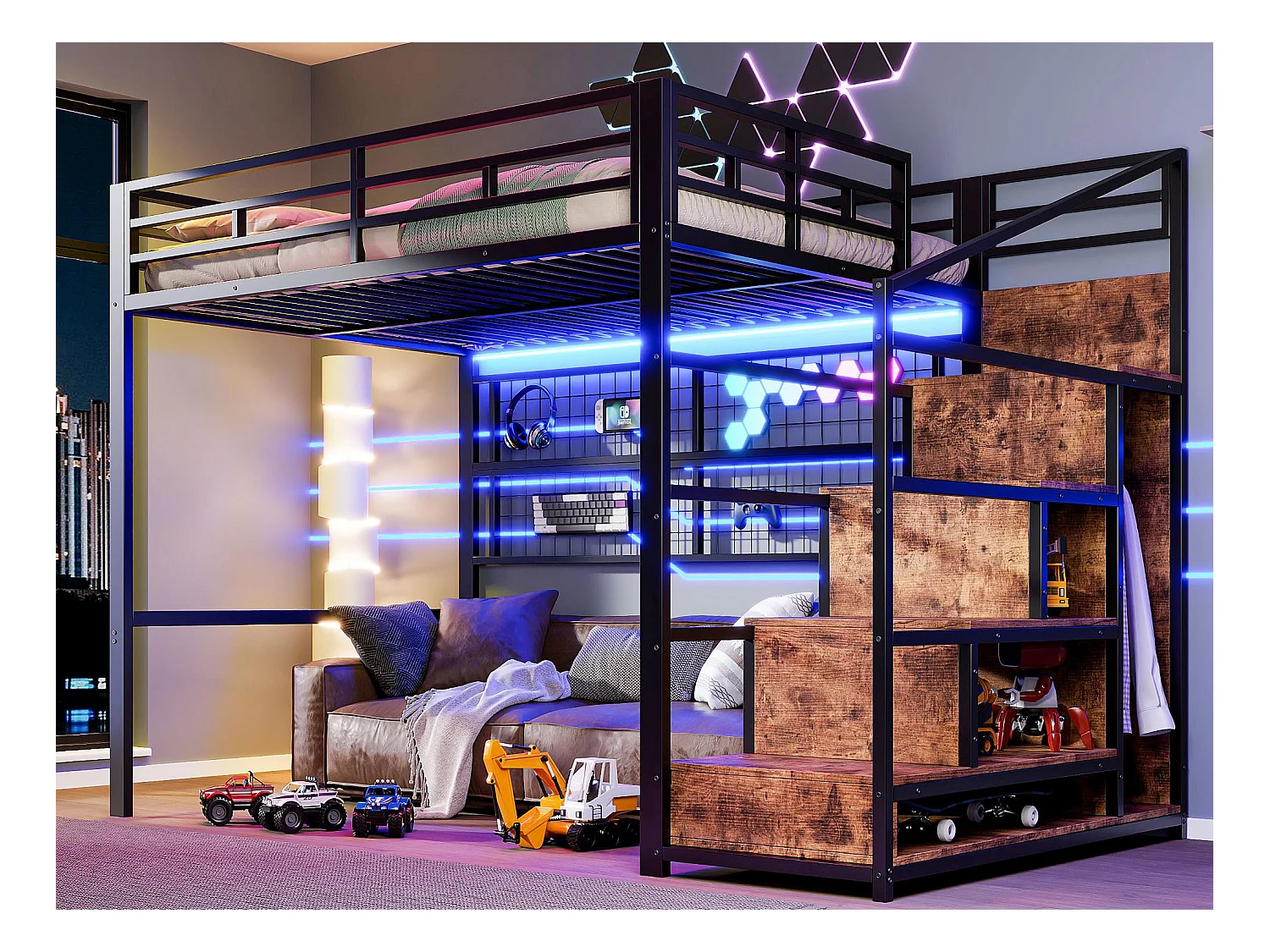 Lit mezzanine 140x200 cm - structure en fer - avec penderie + échelle de rangement - ruban lumineux LED - noir (matelas non inclus)