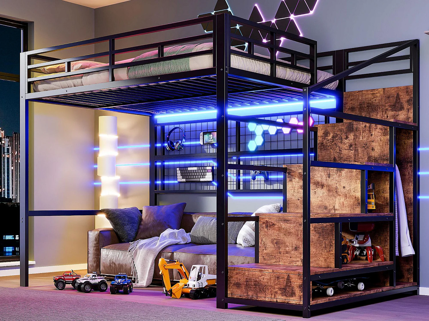 Verlichte mezzanine 140x200 cm - ijzeren constructie - met kledingkast + opbergtrap - LED-verlichtingsstrip - zwart (matras niet inbegrepen)