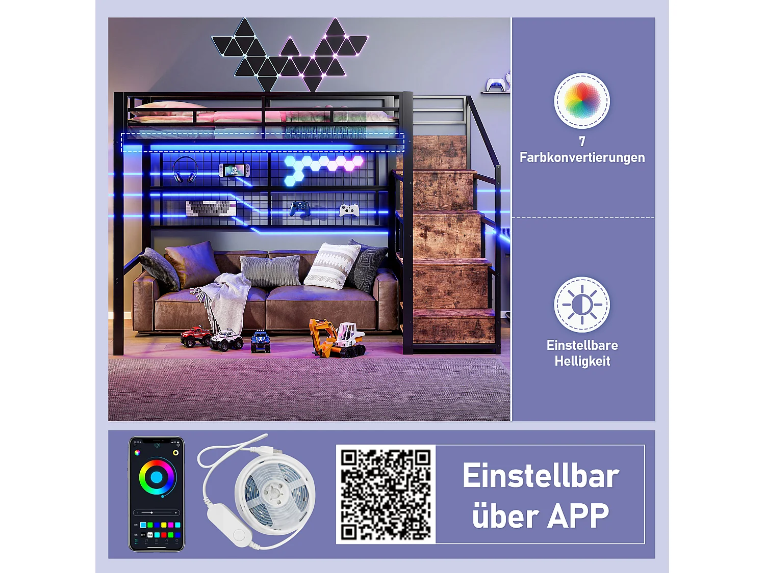 Verlichte mezzanine 140x200 cm - ijzeren constructie - met kledingkast + opbergtrap - LED-verlichtingsstrip - zwart (matras niet inbegrepen)