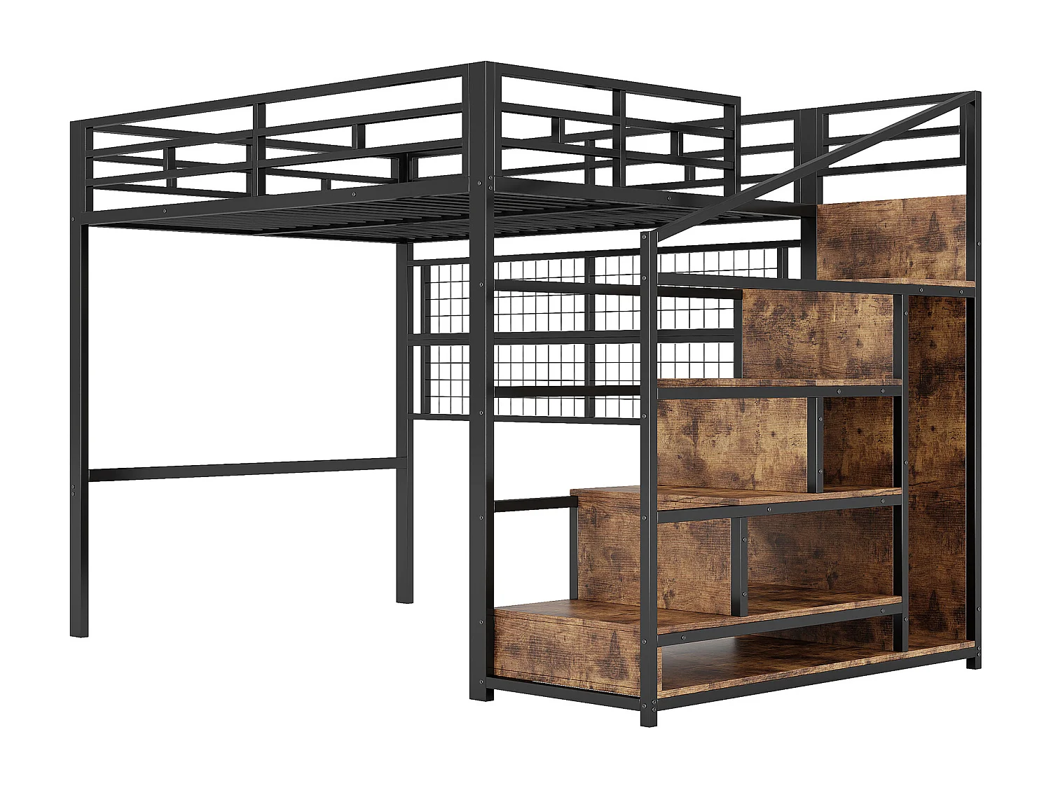 Verlichte mezzanine 140x200 cm - ijzeren constructie - met kledingkast + opbergtrap - LED-verlichtingsstrip - zwart (matras niet inbegrepen)