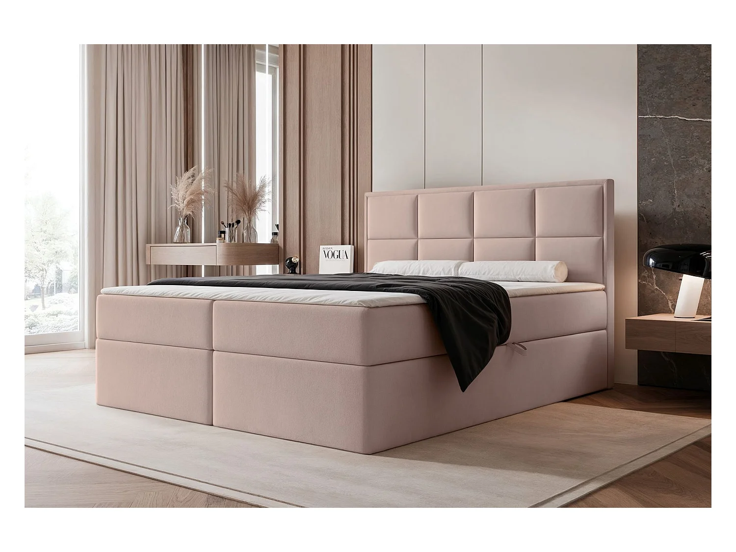 Lit continental - 160x200 cm - en tissu velours beige - SILENSIO