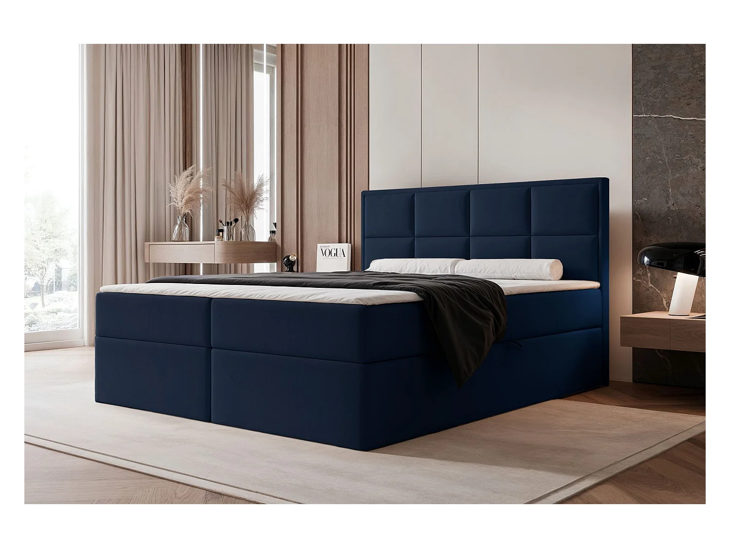 Continentaal bed - 160x200 cm - in marineblauwe fluwelen stof - SILENSIO