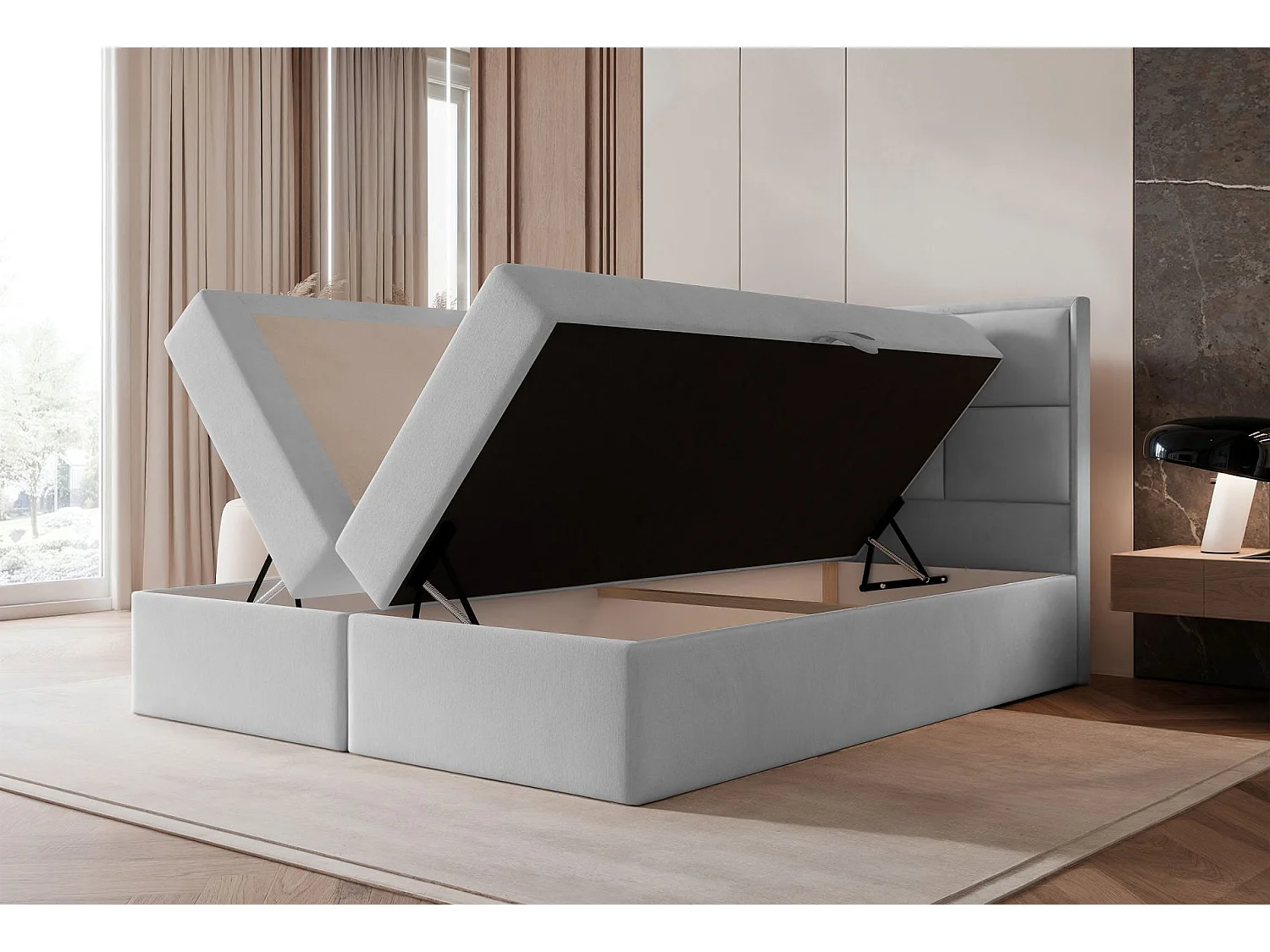 Lit continental - 180x200 cm - en tissu velours gris clair - SILENSIO