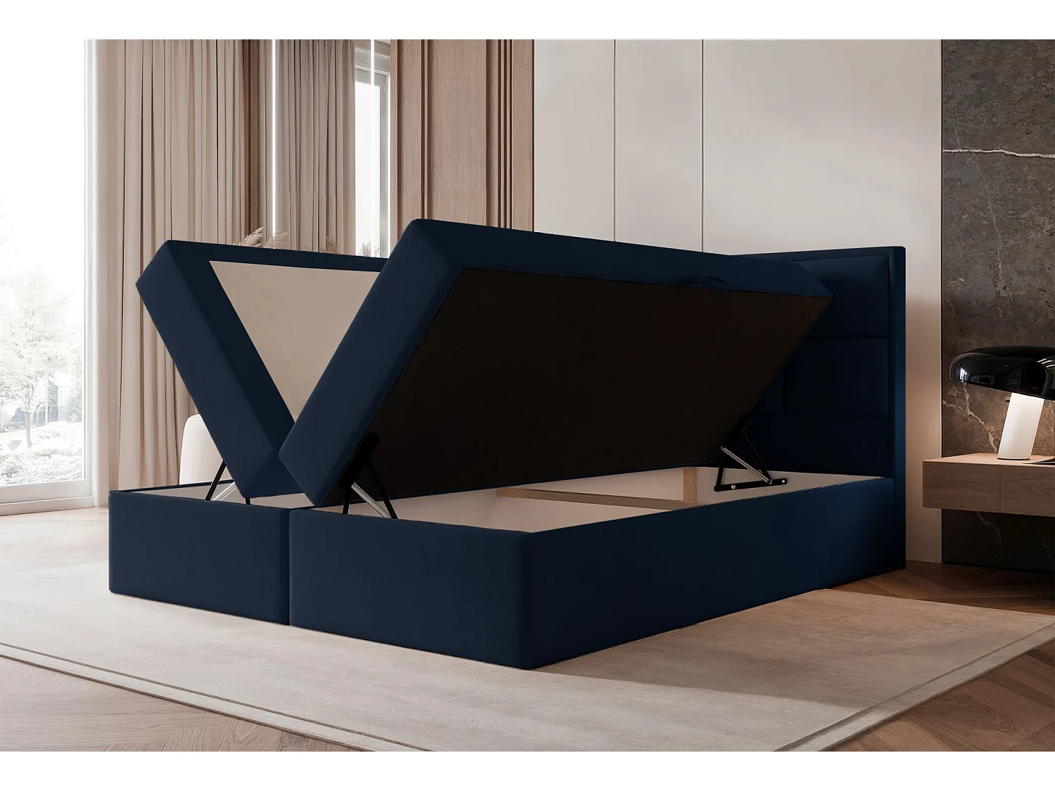 Lit continental - 180x200 cm - en tissu velours marine - SILENSIO