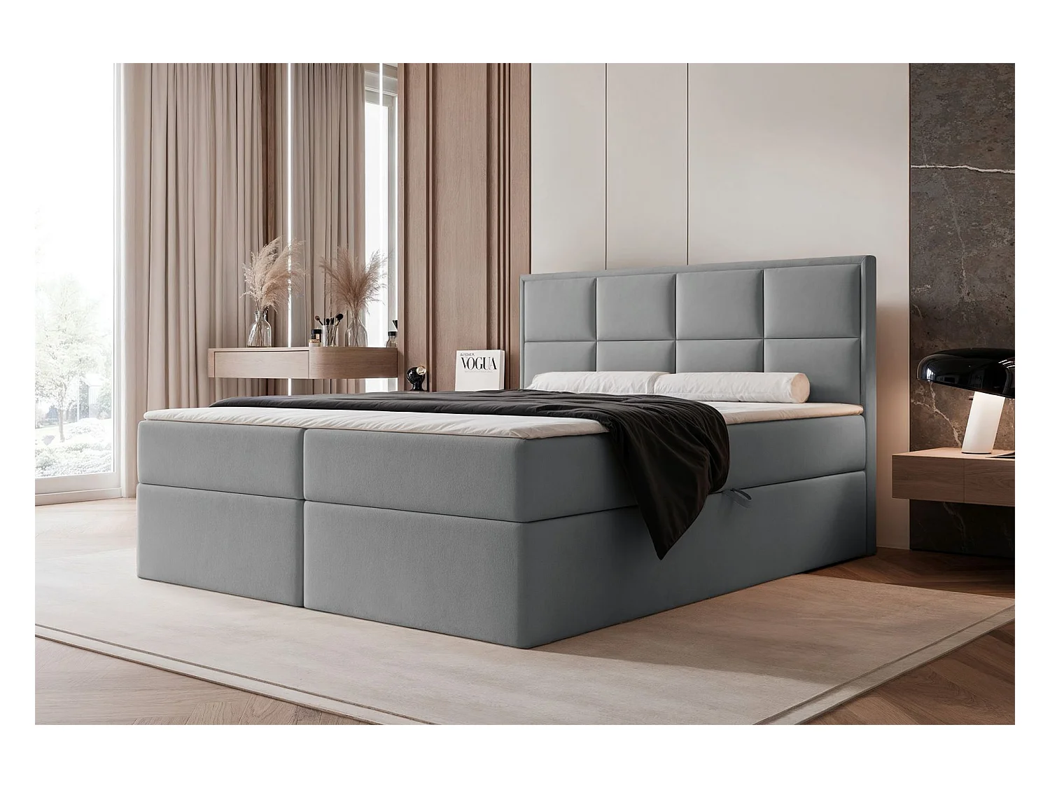 Lit continental - 140x200 cm - en tissu velours gris - SILENSIO