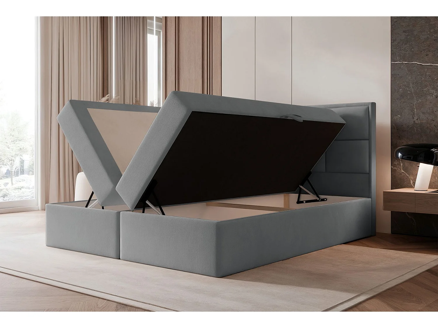 Lit continental - 140x200 cm - en tissu velours gris - SILENSIO