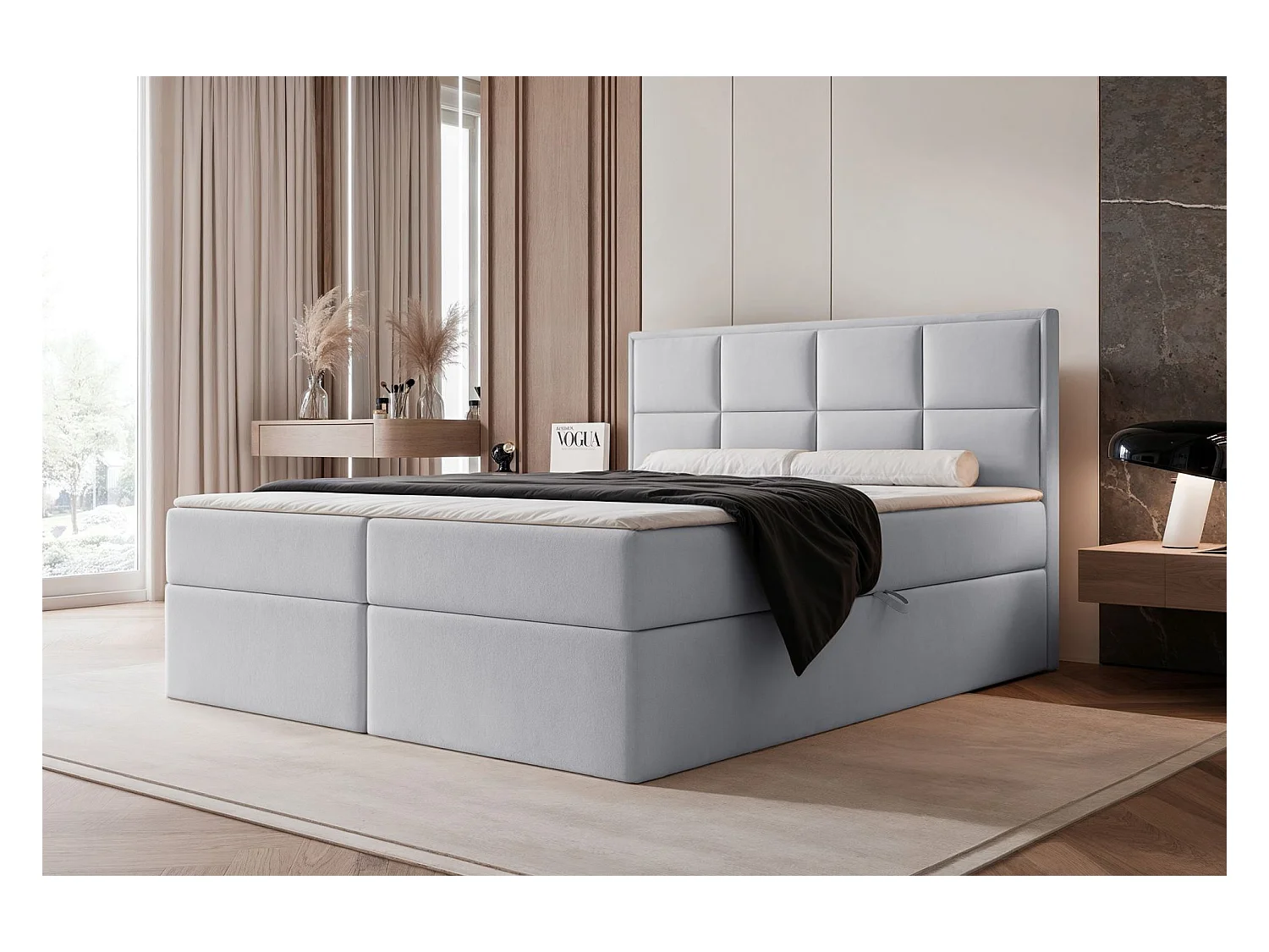 Lit continental - 160x200 cm - en tissu velours gris clair - SILENSIO