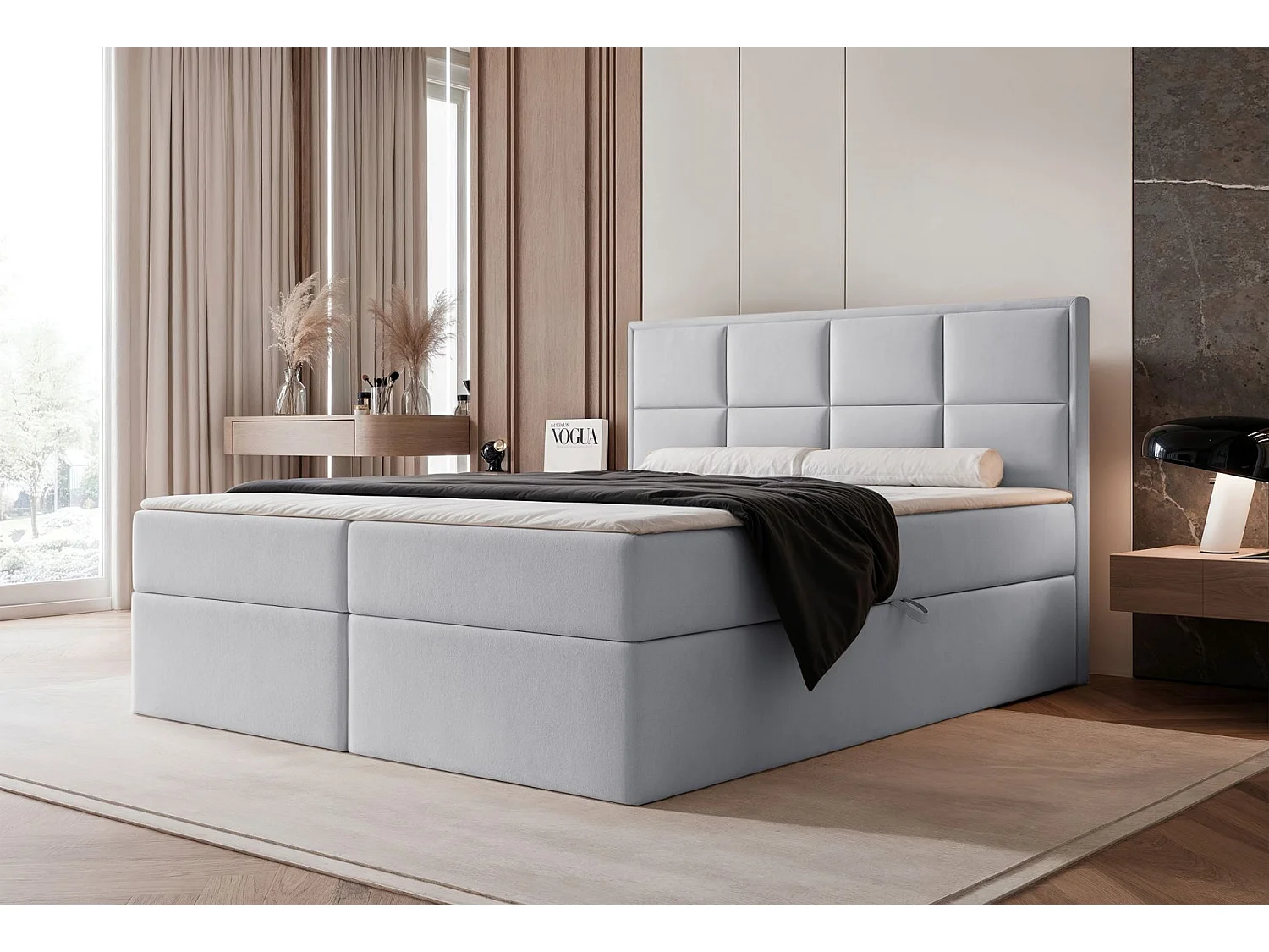 Lit continental - 160x200 cm - en tissu velours gris clair - SILENSIO