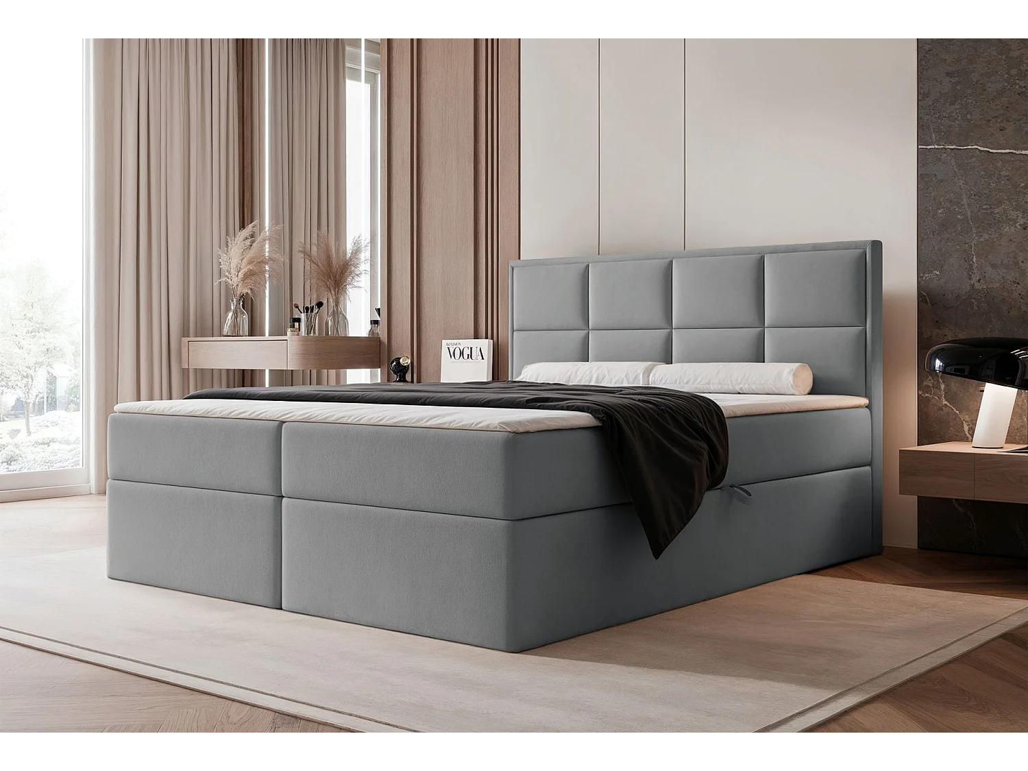 Lit continental - 160x200 cm - en tissu velours gris - SILENSIO