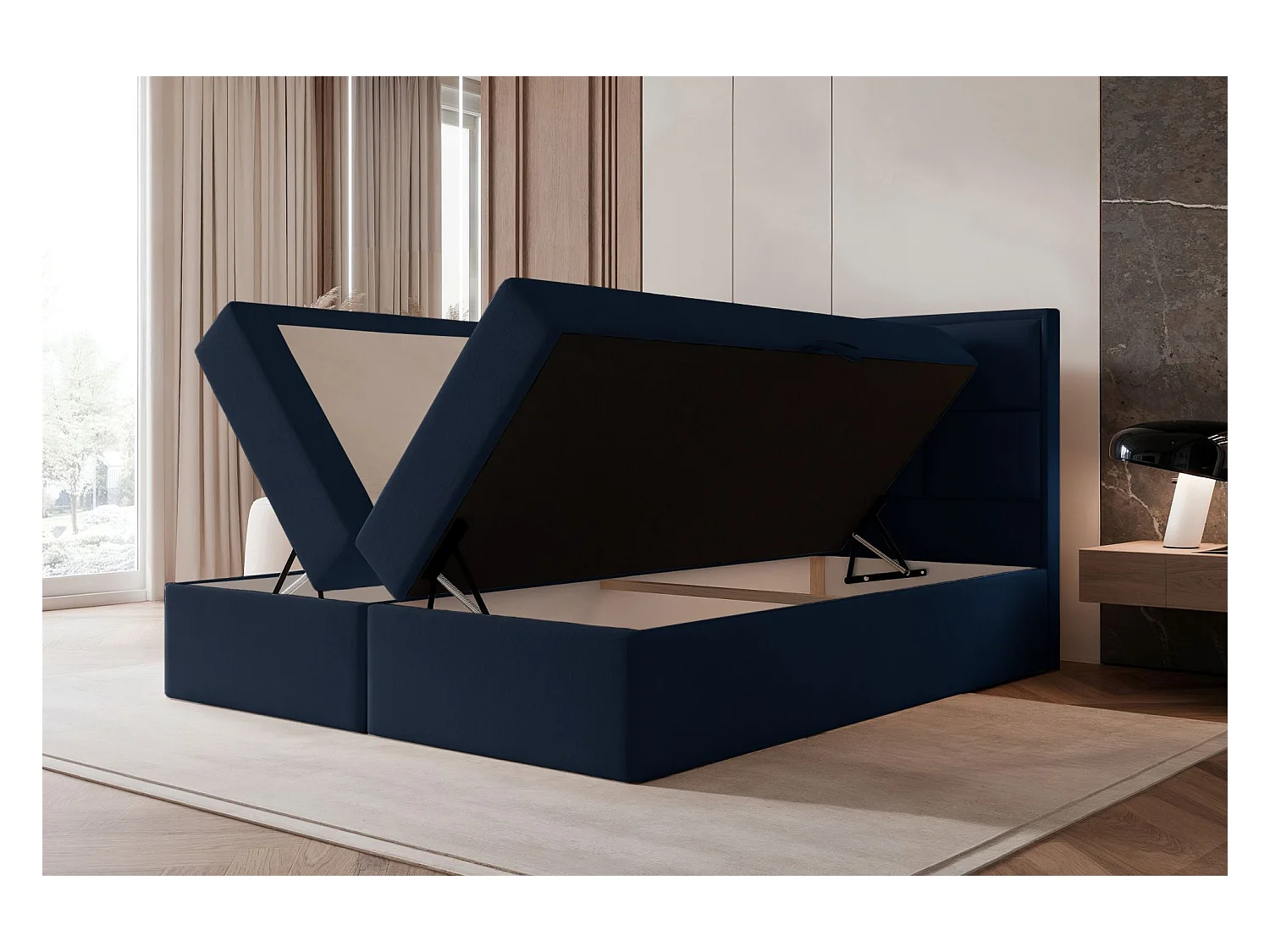 Lit continental - 140x200 cm - en tissu velours marine - SILENSIO