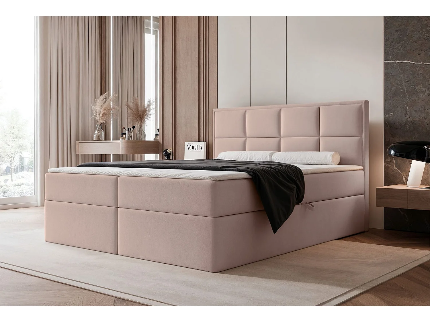 Lit continental - 140x200 cm - en tissu velours beige - SILENSIO