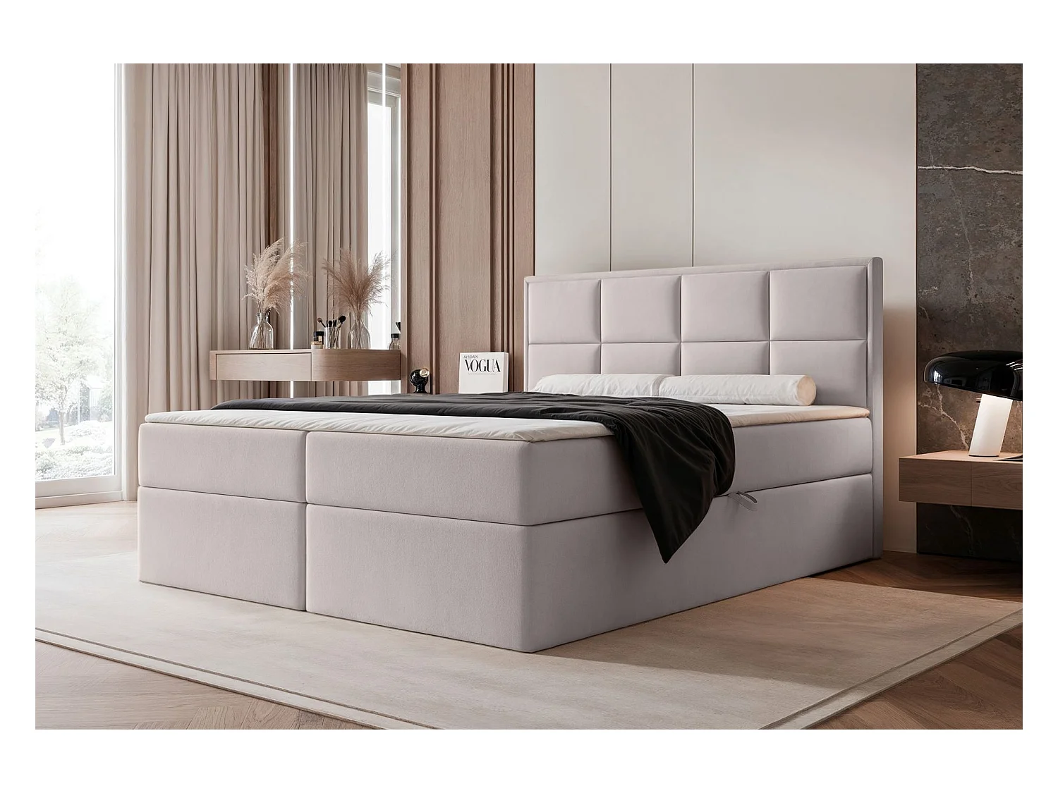 Lit continental - 160x200 cm - en tissu velours gris beige - SILENSIO