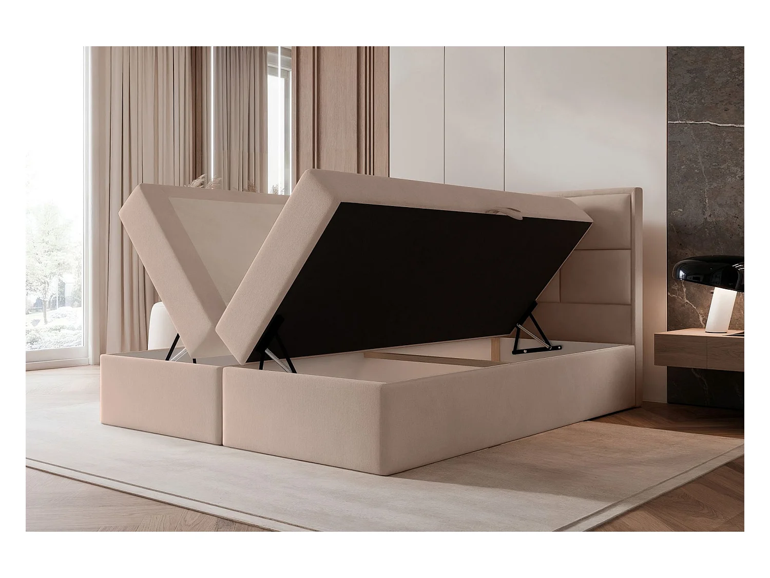 Continentaal bed - 180x200 cm - in beige fluwelen stof - SILENSIO