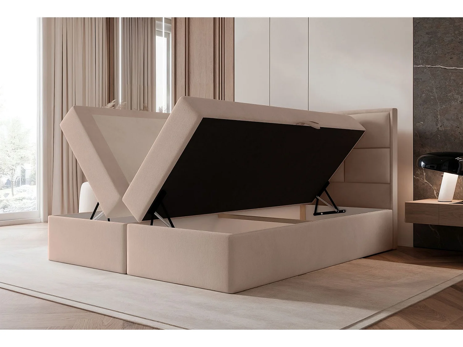 Lit continental - 180x200 cm - en tissu velours beige - SILENSIO