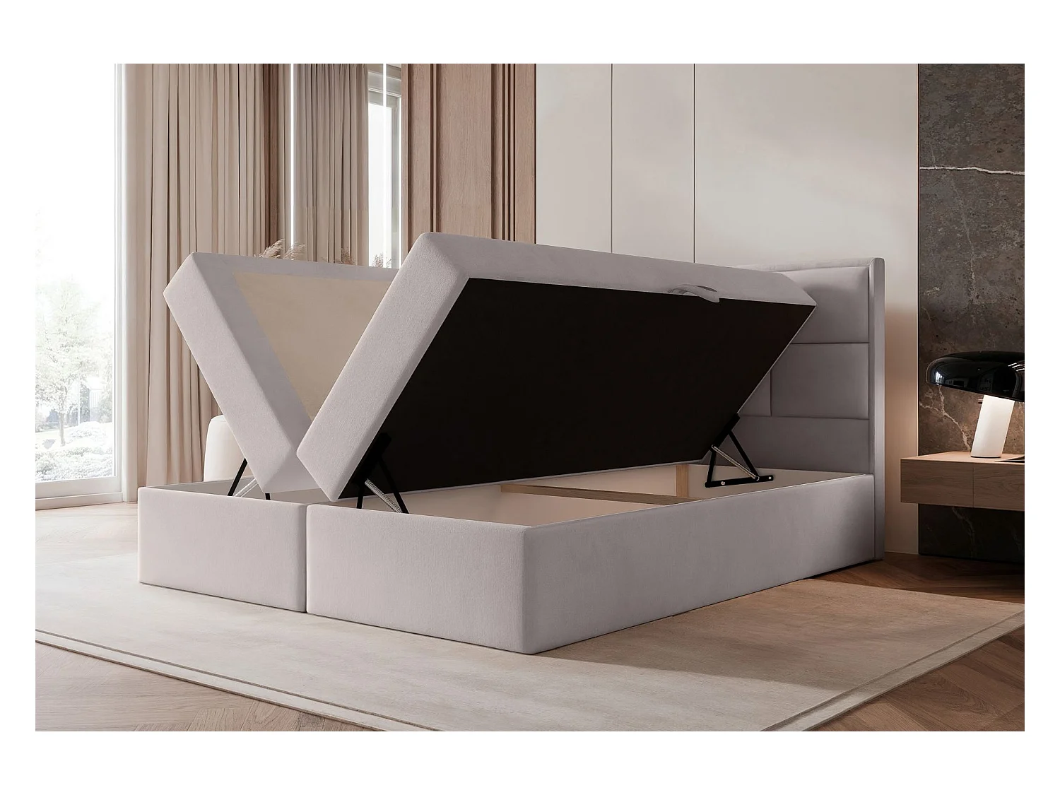 Continentaal bed - 180x200 cm - in beigegrijze fluwelen stof - SILENSIO