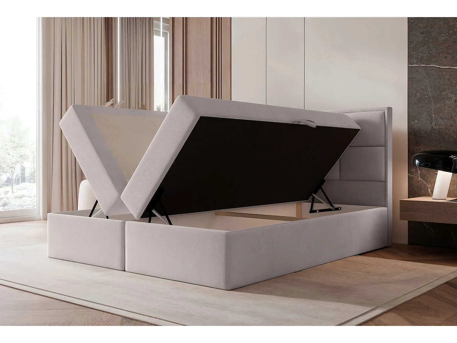 Lit continental - 180x200 cm - en tissu velours gris beige - SILENSIO