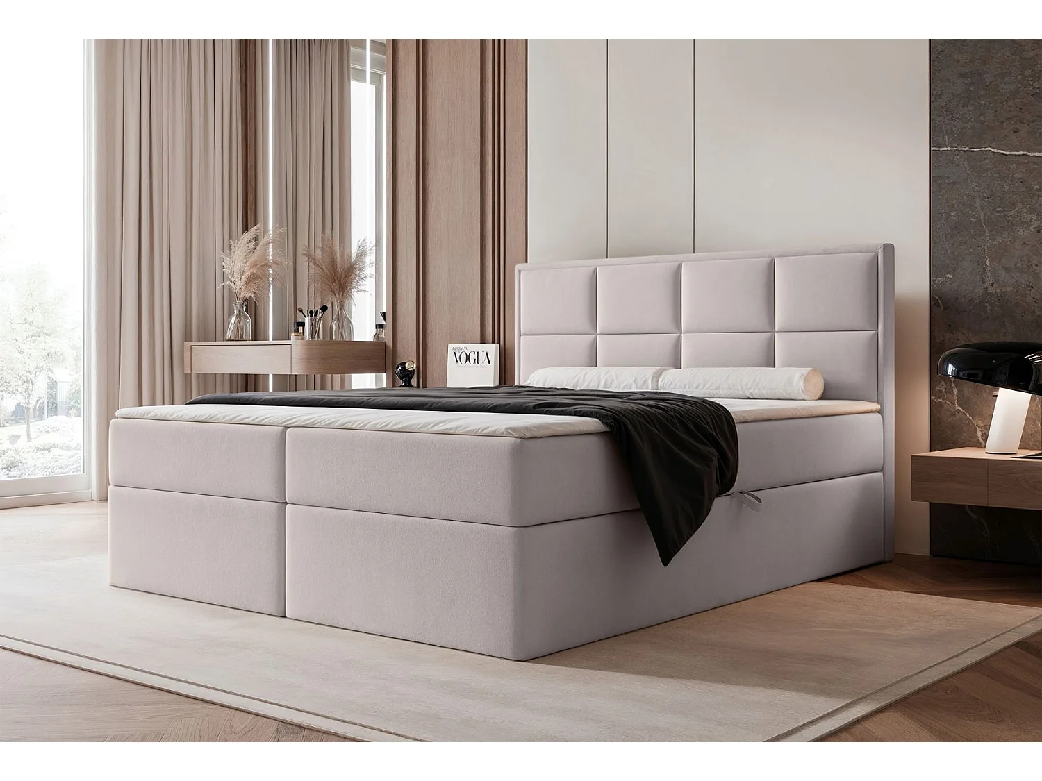 Lit continental - 180x200 cm - en tissu velours gris beige - SILENSIO