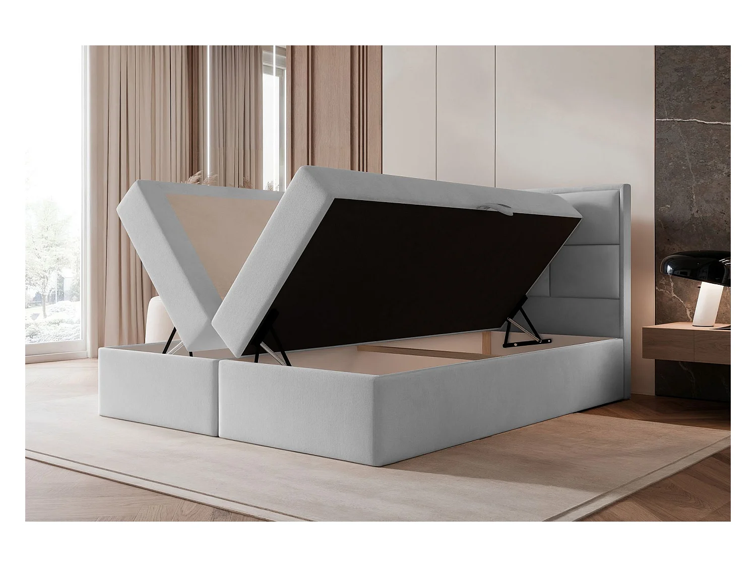 Lit continental - 140x200 cm - en tissu velours gris clair - SILENSIO