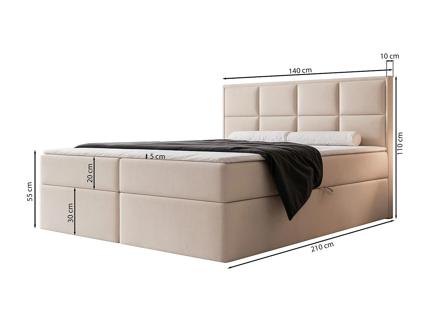 Lit continental - 140x200 cm - en tissu velours gris clair - SILENSIO