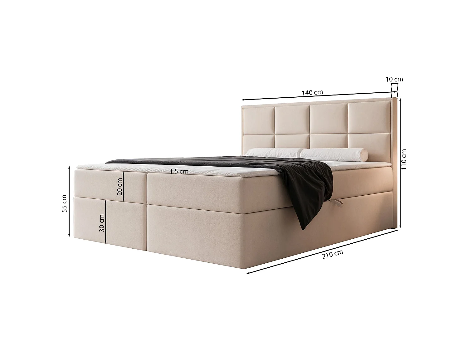 Lit continental - 140x200 cm - en tissu velours gris clair - SILENSIO