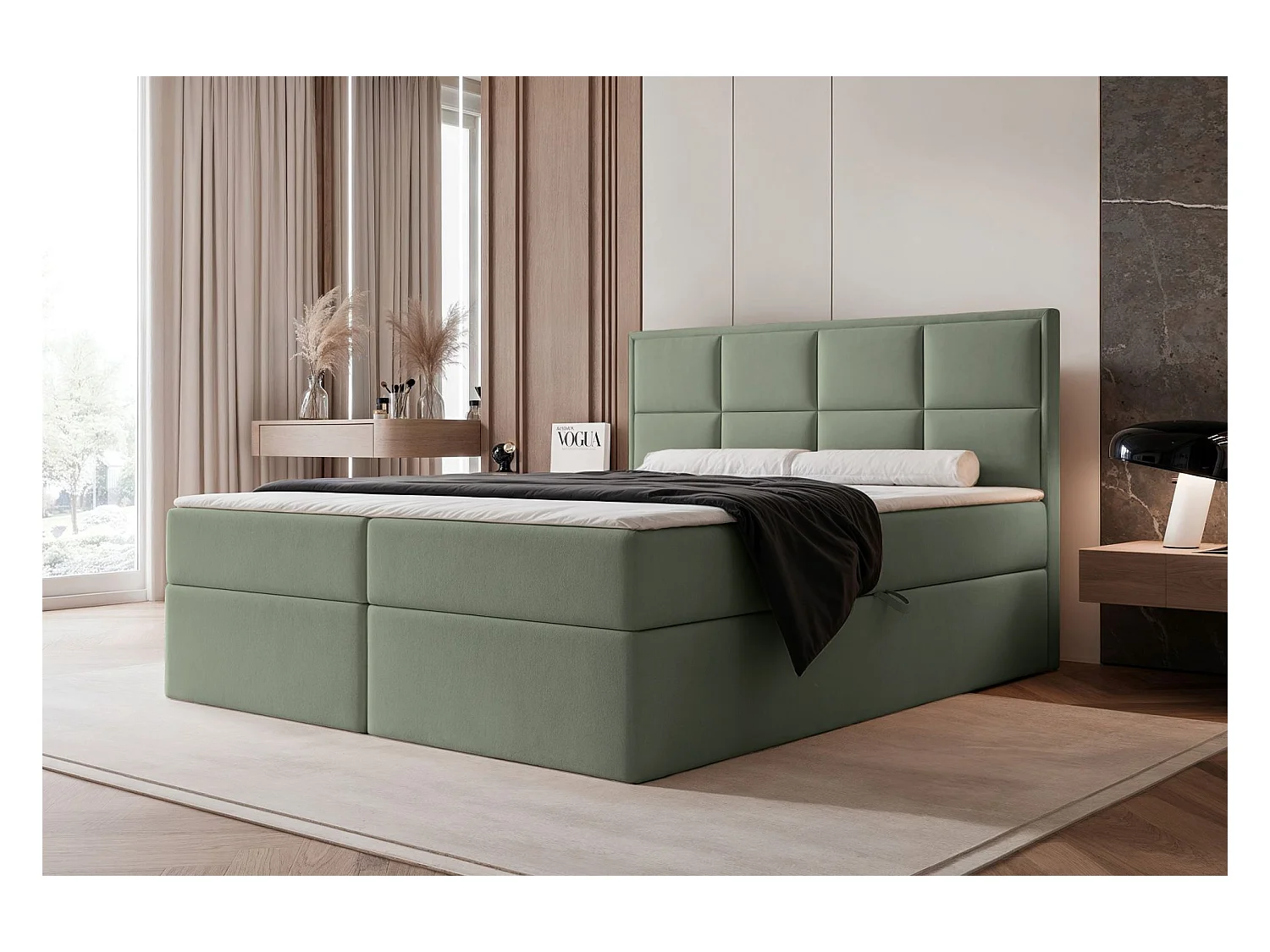 Lit continental - 160x200 cm - en tissu velours eucalyptus - SILENSIO