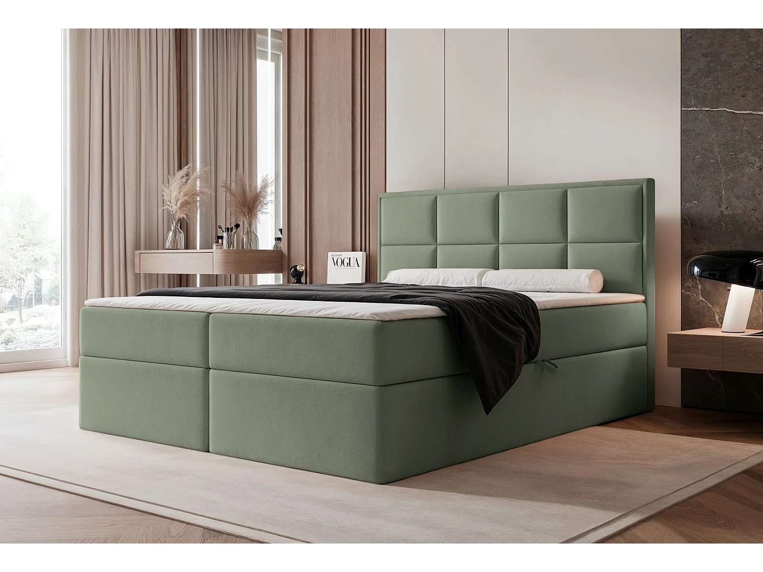 Lit continental - 160x200 cm - en tissu velours eucalyptus - SILENSIO