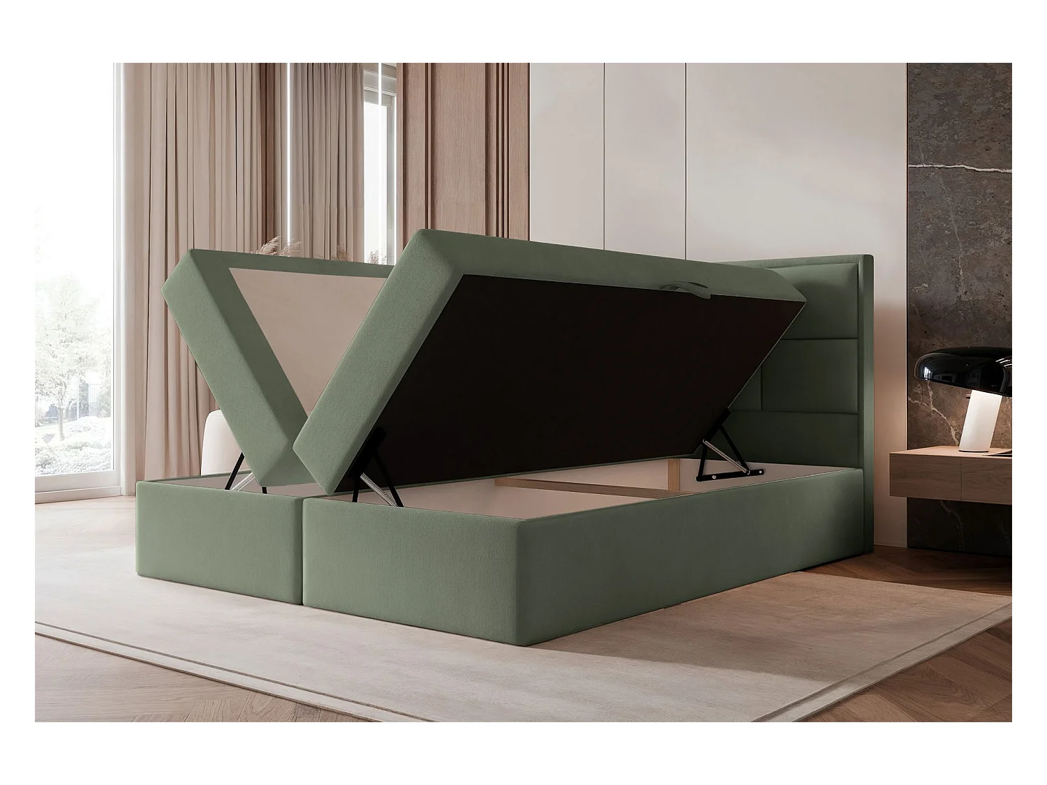 Lit continental - 140x200 cm - en tissu velours eucalyptus - SILENSIO