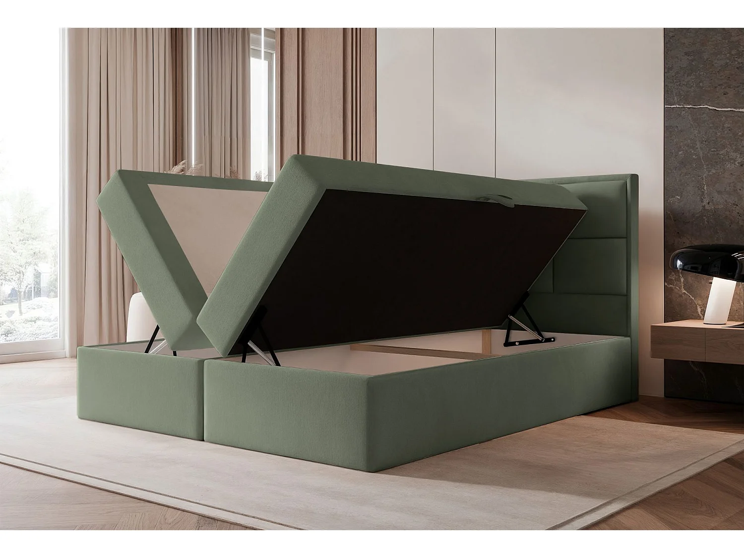 Lit continental - 140x200 cm - en tissu velours eucalyptus - SILENSIO