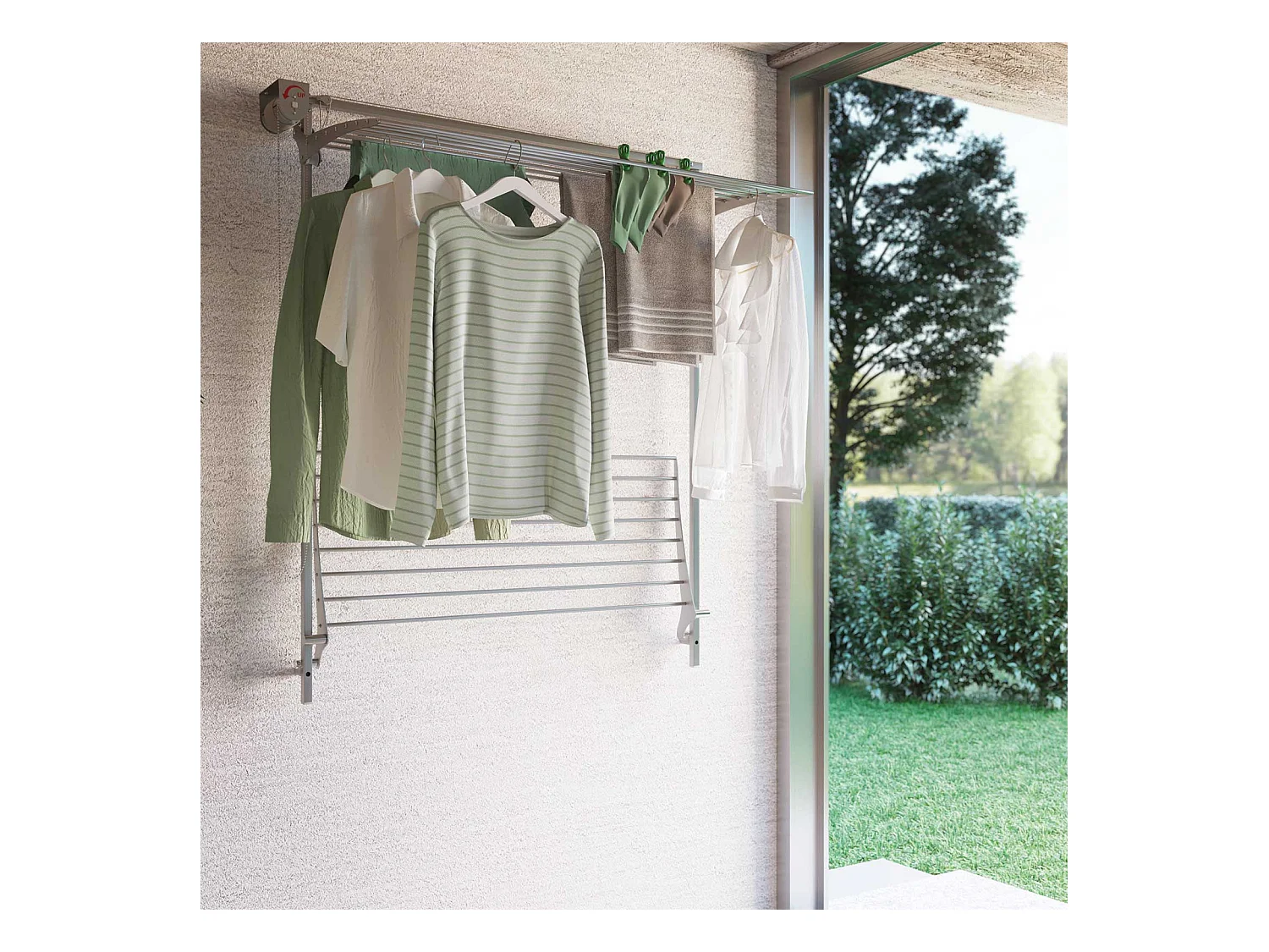 Étendoir mural 2 grilles pour intérieur et extérieur – blanc – 108x52x137 cm Wall Plus