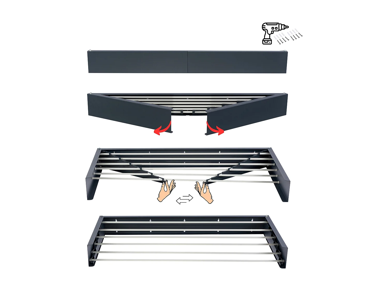 Étendoir mural rétractable en aluminium résistant – anthracite – 101x50x13 cm Hide 100