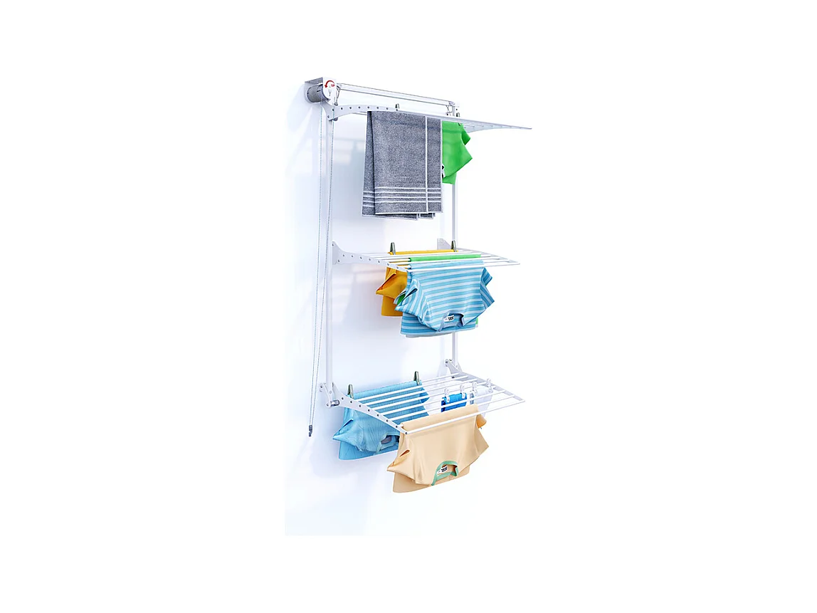 Étendoir mural 3 grilles pliable et réglable en hauteur – blanc – 88x52x137 cm Tower