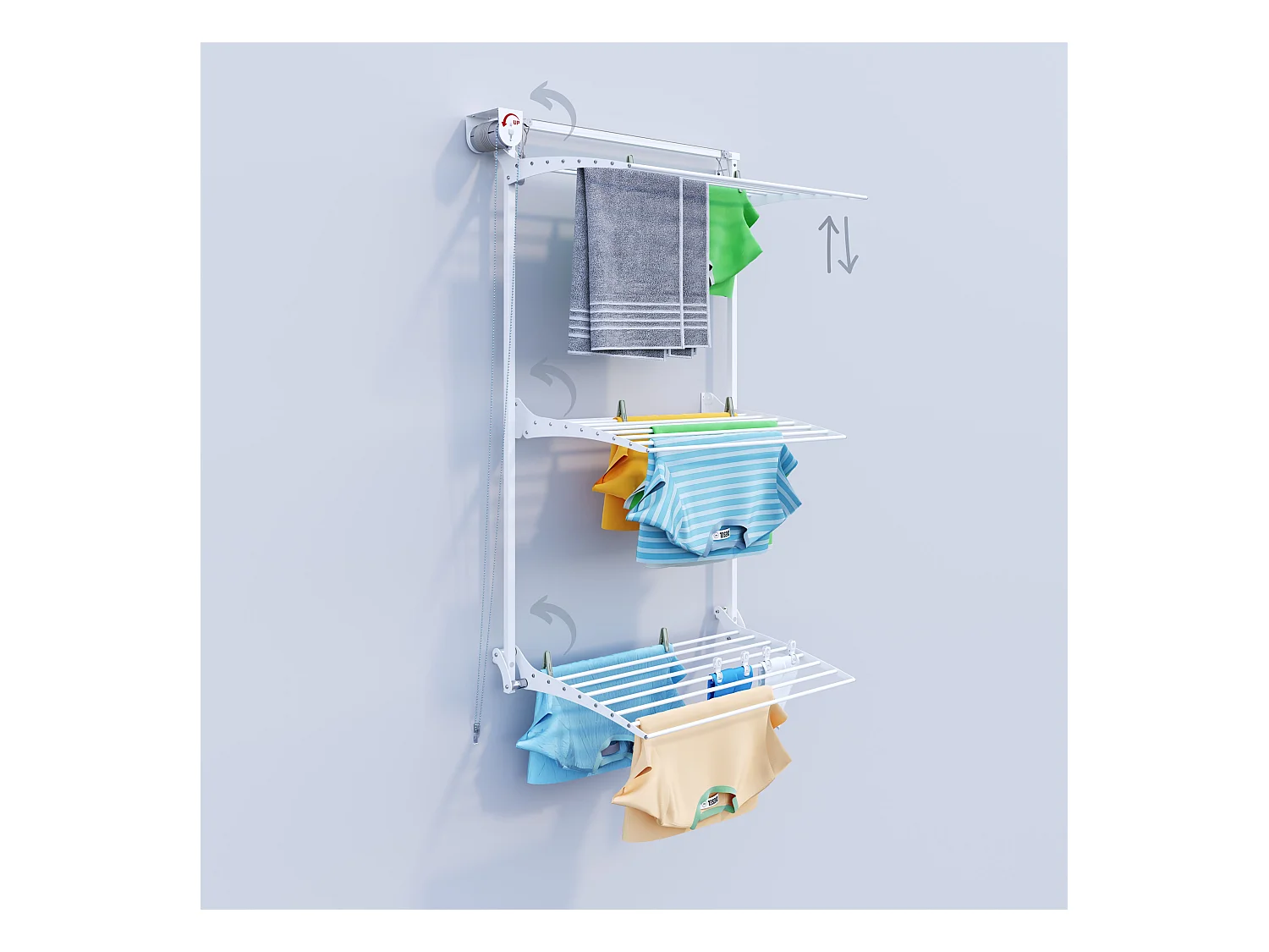 Étendoir mural 3 grilles pliable et réglable en hauteur – blanc – 88x52x137 cm Tower