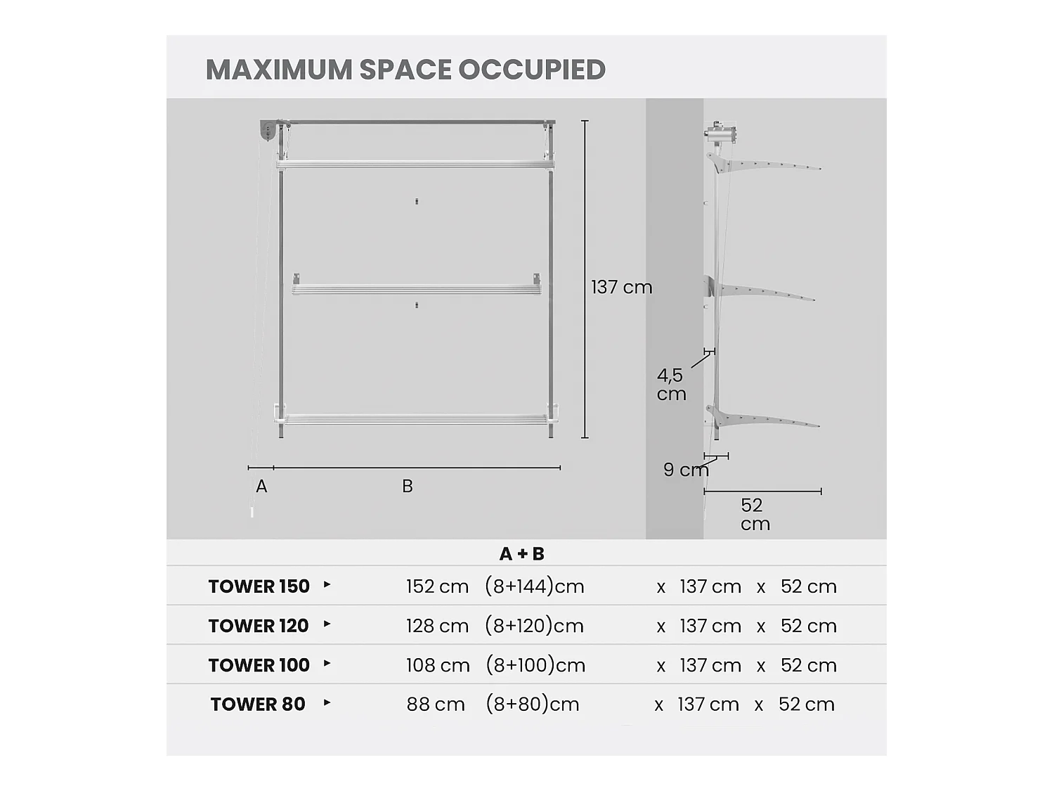 Étendoir mural 3 grilles pliable et réglable en hauteur – blanc – 88x52x137 cm Tower