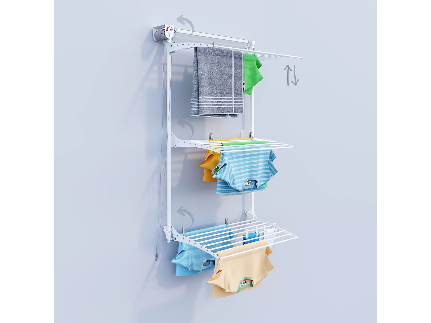 Étendoir mural 3 grilles pliable et réglable en hauteur – blanc – 88x52x137 cm Tower