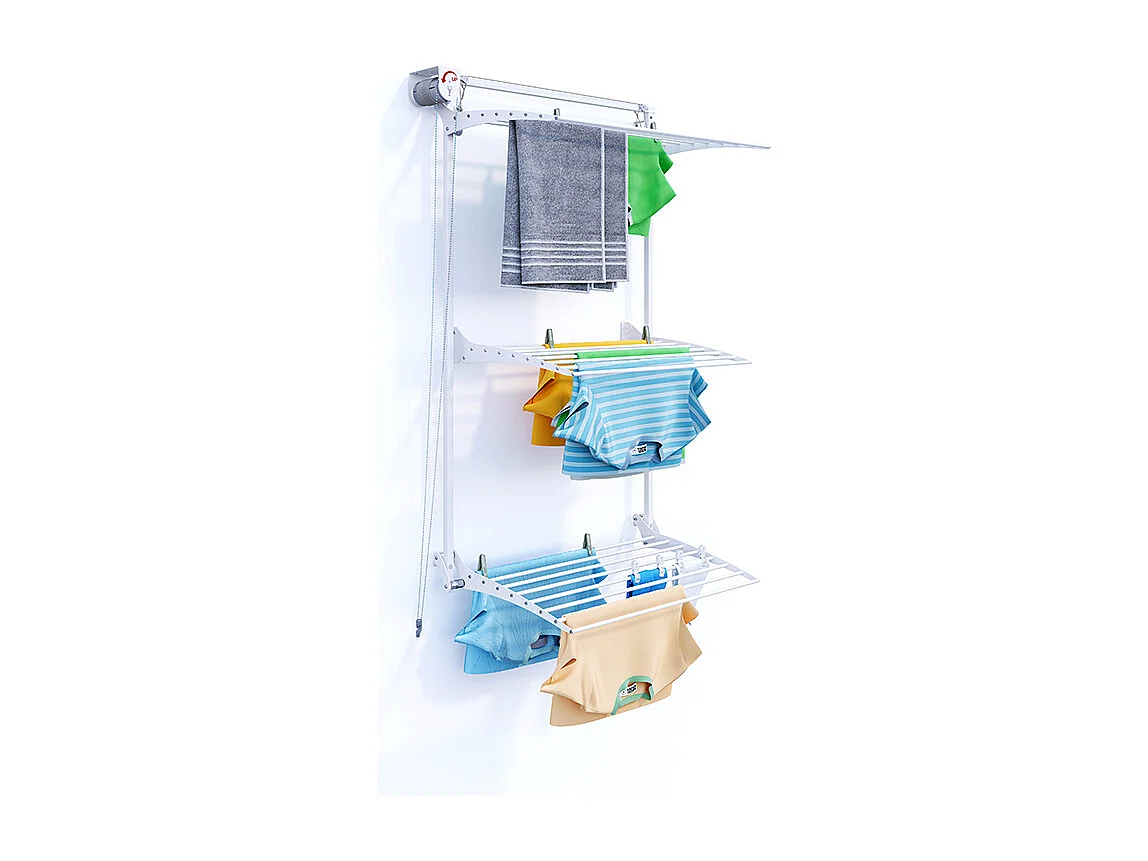Étendoir mural 3 grilles pliable et réglable en hauteur – blanc – 88x52x137 cm Tower