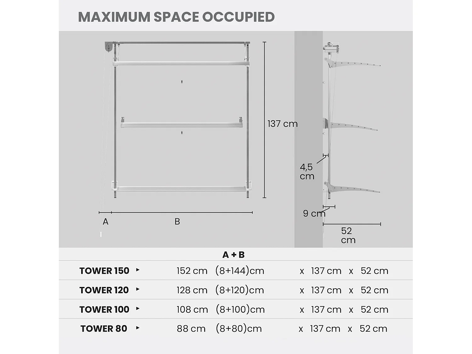 Étendoir mural 3 grilles pliable et réglable en hauteur – blanc – 88x52x137 cm Tower