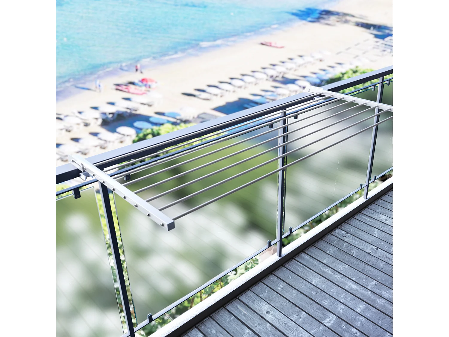 Étendoir balcon pliable et inclinable pour extérieur – blanc – 202x63x8 cm DUO