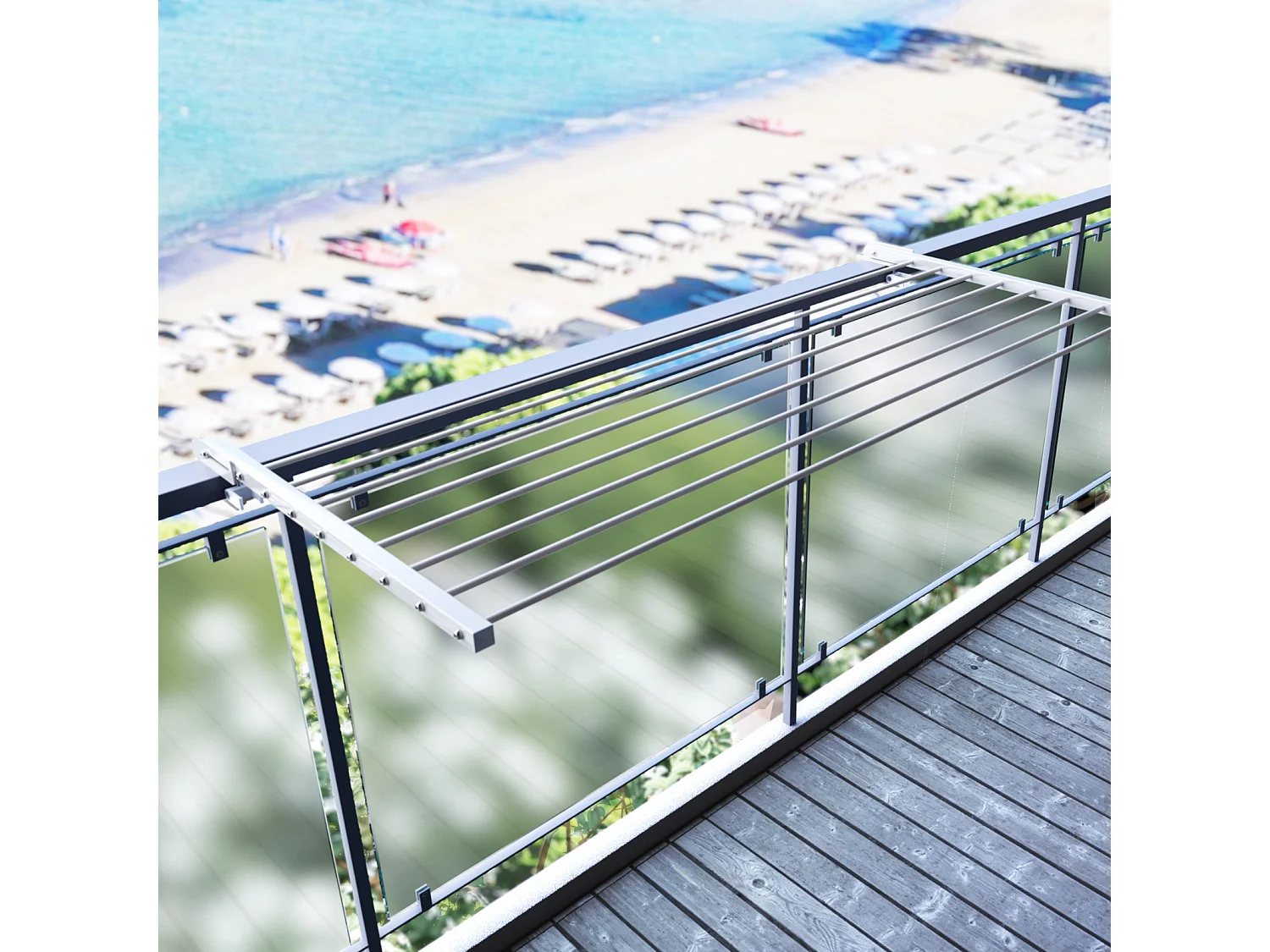 Étendoir balcon pliable et inclinable pour extérieur – blanc – 202x63x8 cm DUO
