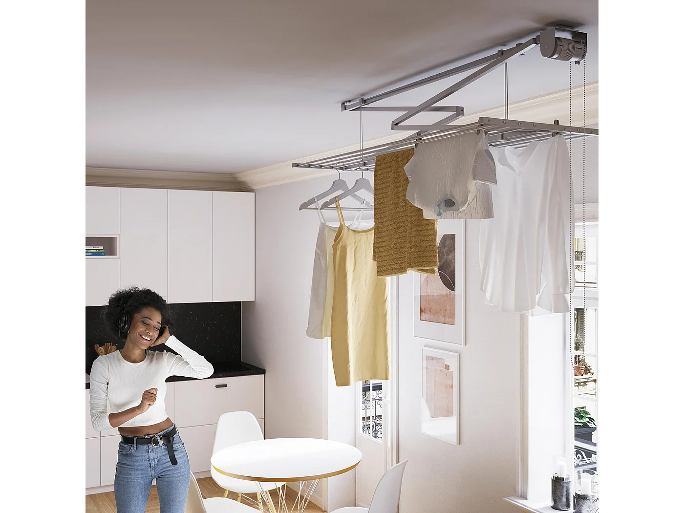 Étendoir de plafond manuel en aluminium résistant – gris – 152x54x25 cm Mini 150