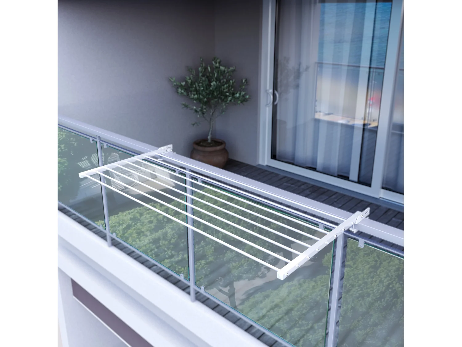 Étendoir balcon pliable et inclinable anti-rouille – blanc – 82x63x8 cm DUO