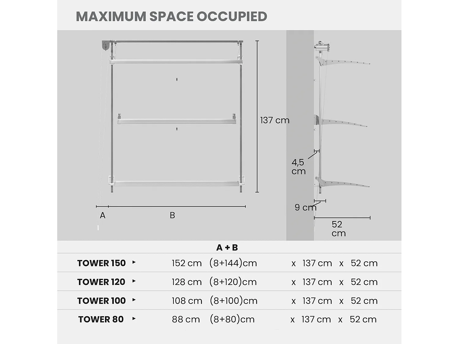 Étendoir mural 3 grilles pour intérieur et extérieur – gris – 88x52x137 cm Tower
