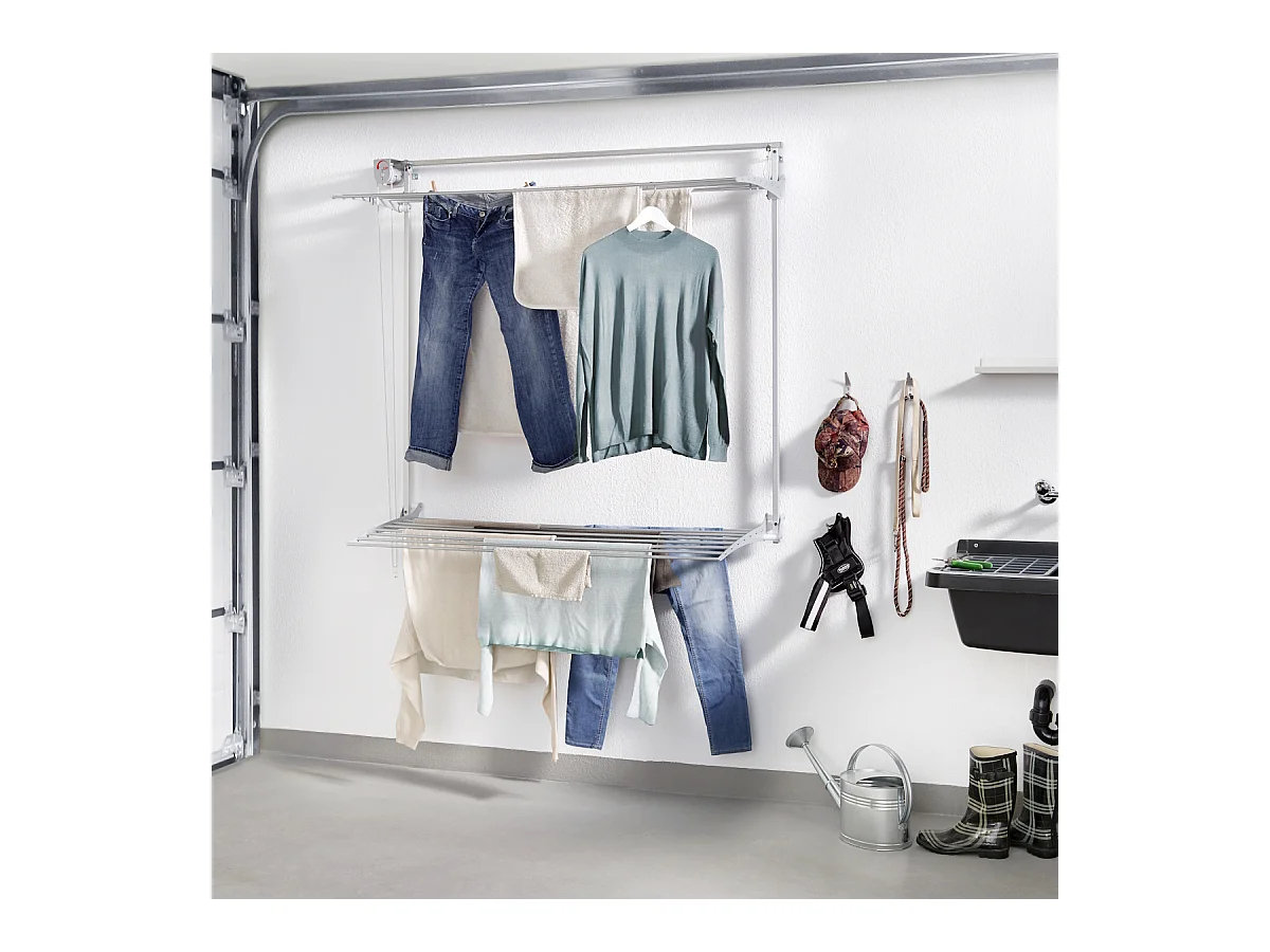 Étendoir mural 2 grilles pour intérieur et extérieur – gris – 128x52x137 cm Wall Plus