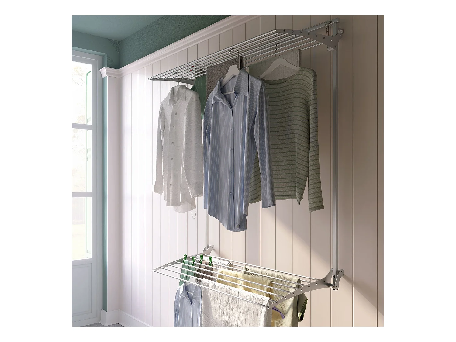 Étendoir mural 2 grilles pour intérieur et extérieur – gris – 128x52x137 cm Wall Plus