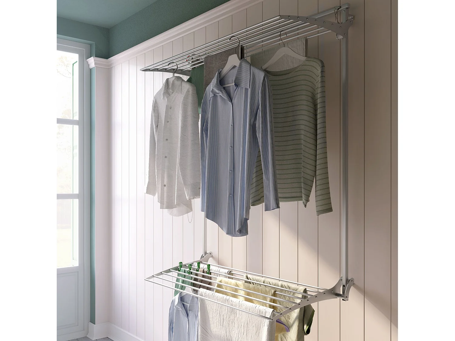 Étendoir mural 2 grilles pour intérieur et extérieur – gris – 128x52x137 cm Wall Plus